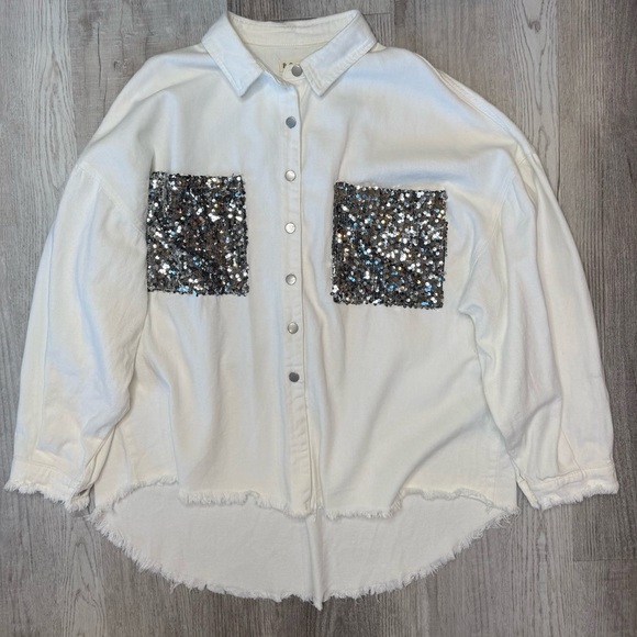 POL Button Up Shaket Jacket with Sequin Front Pockets Women’s Size M Off White - Picture 4 of 14